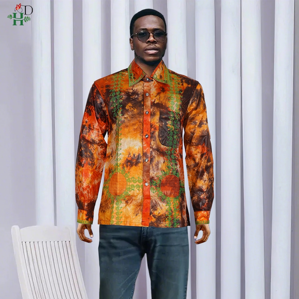 H&D African Mens Clothing Traditional Ankara Dashiki Men Shirt Embroidery Shirt Fashion Print Bazin Blue 2024