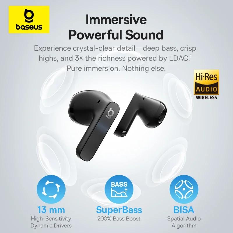 Baseus Bass BS1 NC -40dB Realtime Adaptive ANC Wireless Earbuds Bluetooth 6.0 Semi-Open Earphones LDAC Hi-Res Audio 6-Mic AI ENC