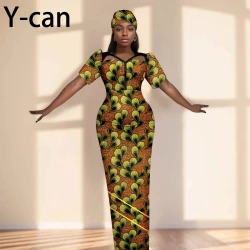 Party Gown African Dresses for Women Slim Fit Short Sleeve Dress Evening Vestidos with Headwrap Dashiki Ankara Print 2525071