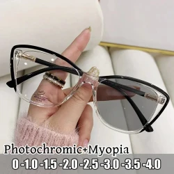 Blue Light Blocking Short-sight Glasses Unisex Women Men's Cat Eye Frame Photochromic Minus Diopter Prescription Myopia Eyewear