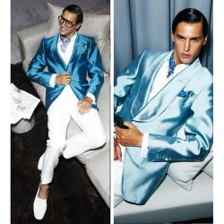 Fashion Suits for Men Shawl Lapel 2 Pieces Blue Jacket White Pants Blazers Sets Slim Fit Elegant Banquet Wedding Costume Homme