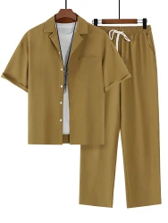 Men's suit collar short sleeved shirt+loose straight leg pants set