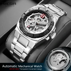 MEGIR Business Style Watch for Men Fashion Automatic Mechanical Wristwatch with Transparent Skeleton Dial & Stainless Steel Band