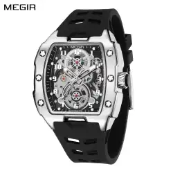 MEGIR Black Silicone Bracelet Men's Mechanical Watch Luxury Automatic Movement Skeleton Men Wristwatch Luminous Hands Watches