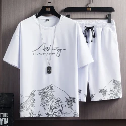 Men's Fashionable Summer T-Shirt Suit New Mountain Printing Slims Smooths Your Silhouette Plus Size Sports 2-Piece Set