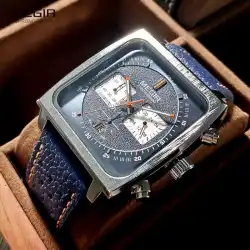 MEGIR 2182 Blue Black Square Dial Men's Casual Sports Leather Strap Date Waterproof Night Light Retro Design Men's Quartz Clock