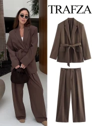 TRAFZA Women Fashion Brown Lapel Pocket Belt Decorate Casual Blazer Coat+Chic High Waist Loose Button Zipper Long Pants Suit