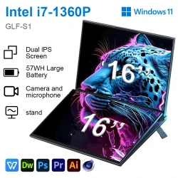 GLF-S1 16+16 inch Big Dual Screen Laptop Intel i7-1360P Win 11 2*DDR4 MAX 64GB M.2 2280 2TB WIFI Double Screen Laptop Computer