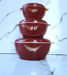 Red Ceramic Serving Bowls with Gold Embellishments