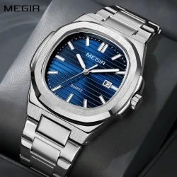 MEGIR Classic Stainless Steel Bracelet Quartz Watch for Men Waterproof Calendar Business Leisure Wristwatch Big Dial Clock 1084