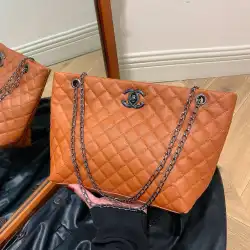 Chanel-Style Quilted Tote Bag in Tan with Silver-Tone Chain