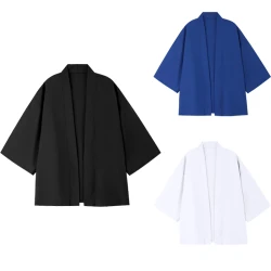 Vibrant Solid Color Japanese Kimono Style Shirt for Men Three-Quarter Sleeve Open Stitch Casual Stylish Street Holiday Wear