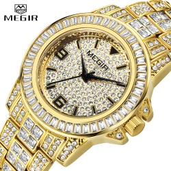 MEGIR Quartz Watch for Men Luxury Diamonds Golden Watch Man Waterproof Rhinestone Wrist Watch Business Men's Steel Band Watches
