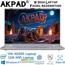 2025 AKPAD Face ID Intel Notebook N5095/N95 16.1" Laptop 16GB 32GB RAM Max 4TB ROM Windows 11 Wifi 5 BT RGB Keyboard