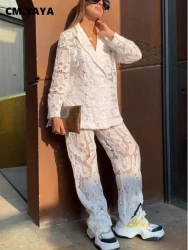 CM.YAYA Vintage Women Lace See Though Long Sleeve Blazer Suit and Wide Leg Straight Pants Set 2023 Two 2 Piece Set Outfits