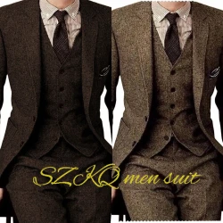Suit for Men Retro Herringbone Jacket Pants Vest Tie 3-piece Set XS-5XL Formal Work Wear Wool Suit Men