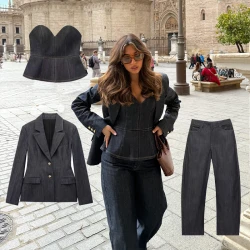 TRAFZA 2025 New Women Denim Blazer Pants Set Long Sleeves Waist-collecting Suit +Commute Woman Wide Leg Jeans Street Trendy
