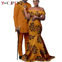African Clothes for Couples Bazin African Print Long Dresses for Women Match Men Outfits Dashiki Top and Pants Sets Y22C023