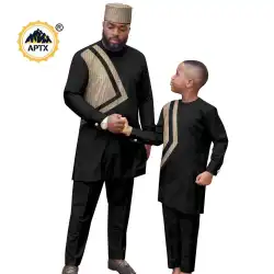 African Clothes for Family Dashiki Men Outfits Hat Top Shirt and Pant Sets Bazin Riche Father and Son Children Outwear 24F024