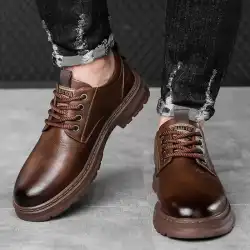 Men's Outdoor Casual Leather Shoes Dad Big Head Leather Shoes Lace Free Retro Men's Shoes Antiskid Outdoor Oxford Work Shoes