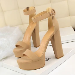 1550-1 Style High Heels Ultra Slim Nightclub Women Shoes Waterproof Platform Frog Skin Buckle Cool Shoes Artificial Pu Material