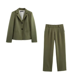 PB&ZA2025 Sophisticated Chic Versatile Professional Elegant Stylish Women's Olive Green Blazer and Trousers Set