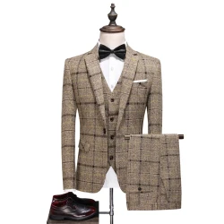 Traje De Hombre Elegante (Blazer+ Vest + Pants) Men's Fashion Business Gentleman Wedding Casual Plaid Cotton Linen British Suit