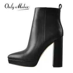 Onlymaker Women Pointed Toe Ankle Boots Black Matte Flock Chunky Heel Platform Booties Party Shoes Large Size Short Boots