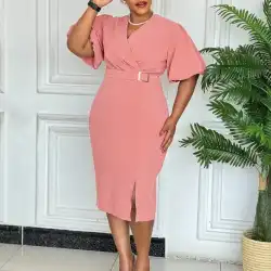 Dashiki African Dresses for Women Summer Elegant African Short Sleeve V-neck Polyester Bodycon Dress African Clothes Outfits