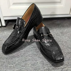 Men's Black Exquisite Crocodile Embossed Leather Shoes Fashion Silver Jewelry Embellishment Slip On Square Heel Business Shoes