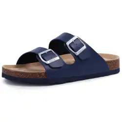 Comwarm Fashion Men Leather Sandals Summer Cork Footbed Slide Sandals Beach Sandals Unisex Brand Sandals with Adjustable Buckle
