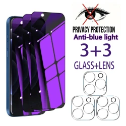 6in1 [3pcs Privacy Glass +3pcs Lens]  Anti-Spy Blue Ray Screen Protector For iPhone 16 15 14 Plus 13 12 11 Pro Max Tempered Film