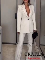 TRAFZA Vintage Chic Office Lady Solid Women Suit Pockets V Neck Blazer Straight Loose Pants New Fashion 2025 Spring Summer Sets