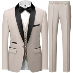 2023 Fashion New Men Casual Boutique Business Slim Wedding Host Formal Suit 3 Pcs Set Gold Button Jacket Dress Coat Pants Vest