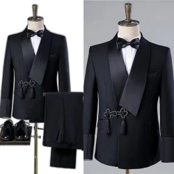 Gorgeous Disc Screw Thread Men Suit Wedding Tassel Shawl Lapel One Buttons Groom Tuxedo Slim Fit Suits 2 Piece(Blazer Pant)