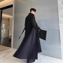 Mauroicardi Spring Autumn Extra Logn Black Oversized Flowy Soft Trench Coat for Men with Back High Slit Loose Casual Overcoat