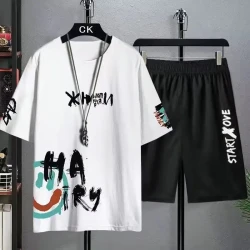 Trendy Summer New Youth Loose-fit Casual Sports Suit For Men Short Sleeve Plus Sizes Shorts Stylish Matching Set