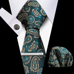 Tie Set For Men 4pcs Set Necktie Pocket Square Cufflinks Tie Clip Suit Paisley Navy Blue Business Necktie Accessories Gravatas