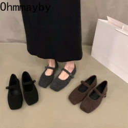 Autumn Woolen Fur Women Cotton Flats Shoes Concise Outdoor Soft Sole Shoes Ladies Comfort Square Toe Warm Mary Jane Shoes