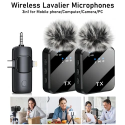 3in1 Wireless Lavalier Microphone for Camera,iPhone,Android,Microphone for Video Recording Recording Podcast Noise Reduction mic