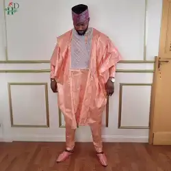 H&D African Clothing For Men Traditional Bazin Riche Embroidery Design Top Long Sleeve Pink 3 Piece Set Muslim Abaya Thobe 2025