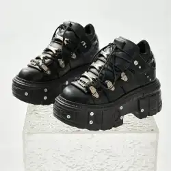 Punk Style Women Black Shoes Rock Metal Decor Lace-up Heel Height Platform Shoes Gothic Man Sneakers Women Ankle Boots 2025 New
