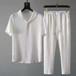 Summer Fashionable Trendy Men's Cotton Linen 2-Piece Set Casual Sports Suit Shawl Collar White Short Sleeve T-Shirt