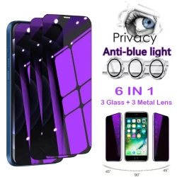 [3Pcs Privacy Purple Glass + 3 Camera Lens Caps] Anti-Blue Ray Screen Protector For iPhone 16 15 14 Plus 13 12 11 Pro Max 16Pro