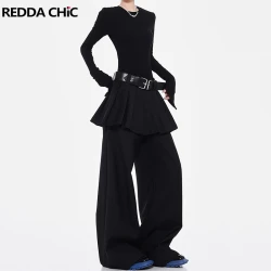 REDDACHiC Fake Two-piece Wide Leg Pants for Women Korean Black Plain Cleanfit Casual Pleated Skirt Suit Trousers ICON Streetwear