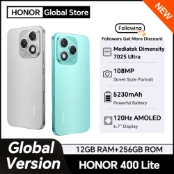 2025 HONOR 400 Lite Global Verson 5G Smartphone Mediatek Dimensity 7025 Ultra 6.7'' 120Hz AMOLED Display 108MP Camera 5230mAh
