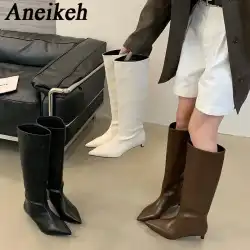 Aneikeh New Brown Kitten Heels Women Modern Boots Female Shoes 2026 Fashion Luxury Pointed Toe Ladies Long Knee Western Boots