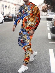 Powerful Lion And Dragon 3D Printed Men's Crew Neck 2pcs Long Sleeve Suit Urban Street Trend Fashion Men's Top And Pants
