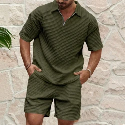 2024European and American Men's Spring and Summer Trends Youth Outdoor Lapel Small Plaid Short Sleeve Shorts Sports Suit