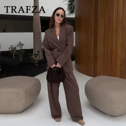 TRAFZA 2025 Spring Summer Office Lady Elegant Solid Women Suit Fashion Casual Sashes Straight Shrug Blazer Chic Zipper Long Pant